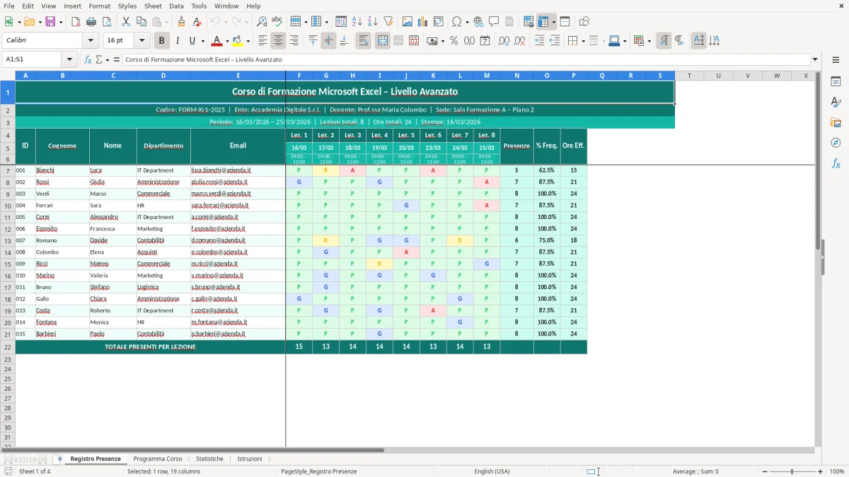 Screenshot 1: Foglio Registro Presenze - Modello Excel registro presenze corso formazione excel