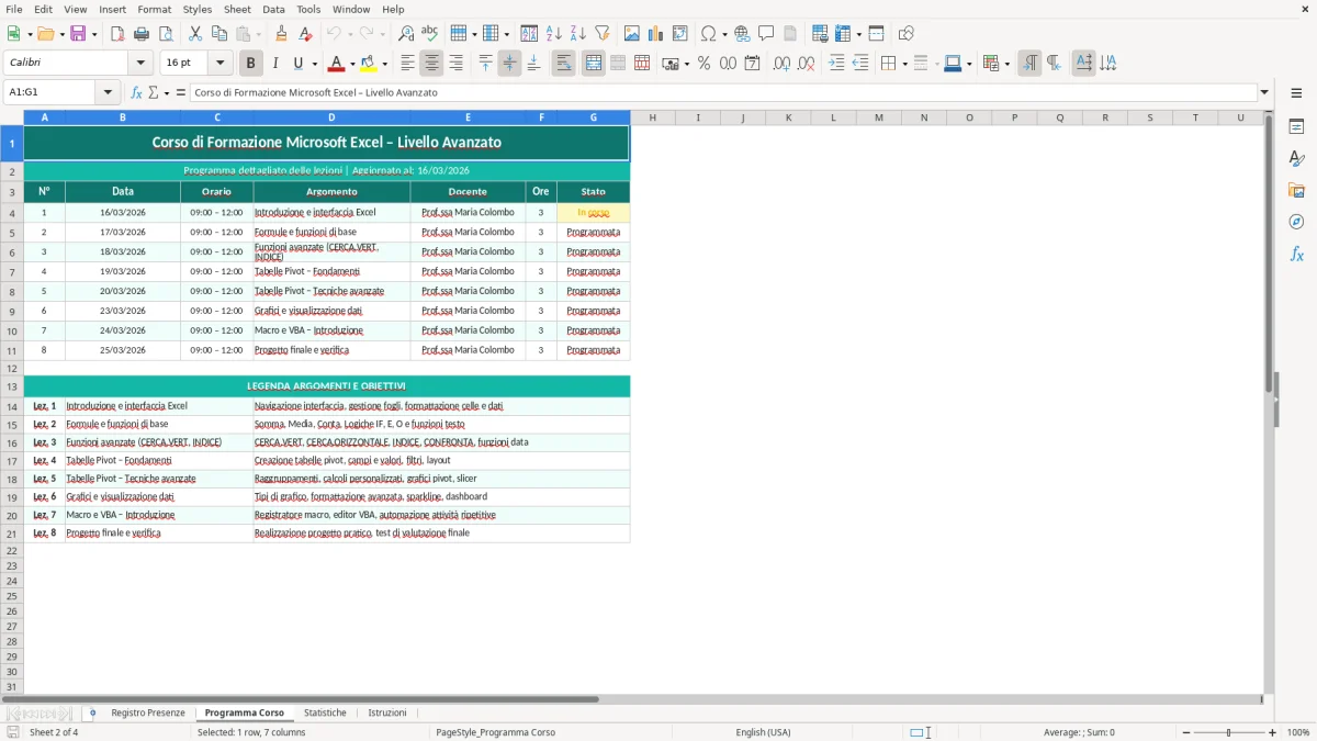 Screenshot 2: Foglio Programma Corso - Modello Excel registro presenze corso formazione excel