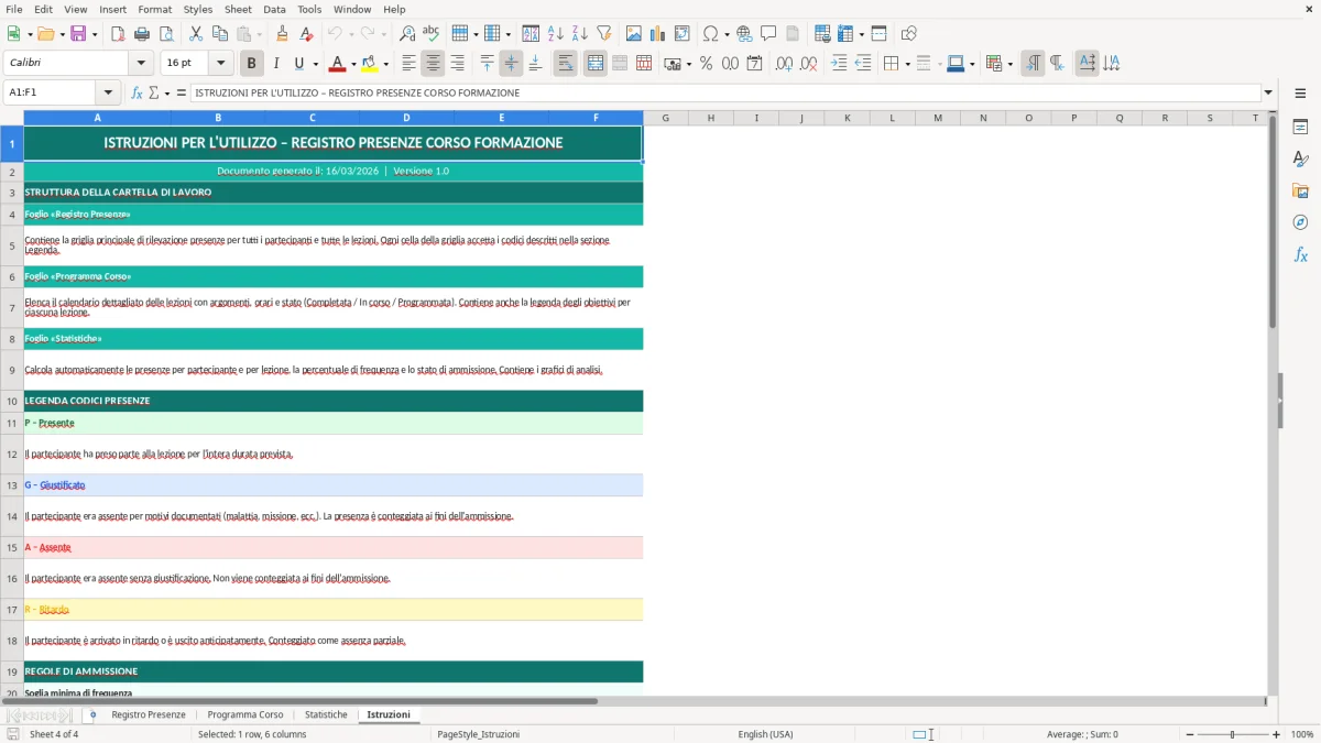Screenshot 4: Foglio Istruzioni - Modello Excel registro presenze corso formazione excel