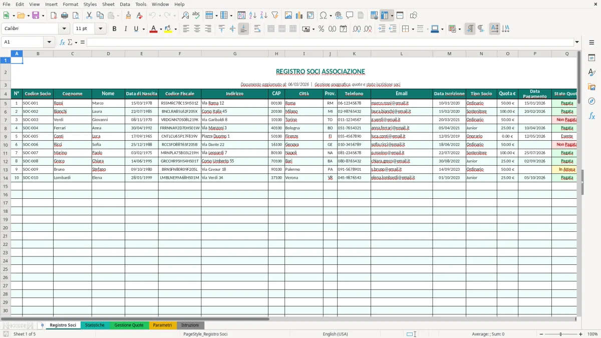 Screenshot 1: Foglio Registro Soci - Modello Excel registro soci associazione excel