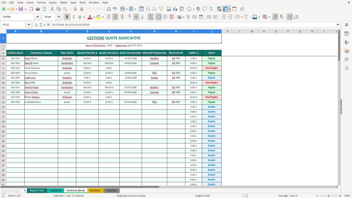 Screenshot 3: Foglio Gestione Quote - Modello Excel registro soci associazione excel