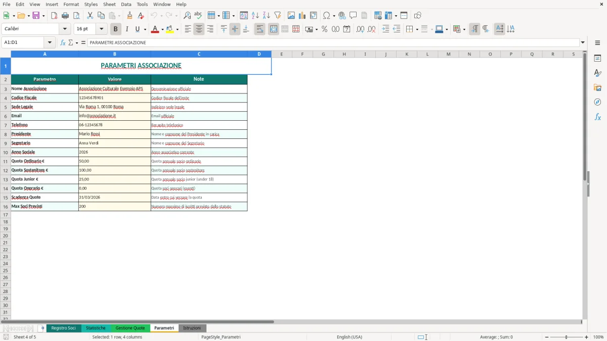 Screenshot 4: Foglio Parametri - Modello Excel registro soci associazione excel