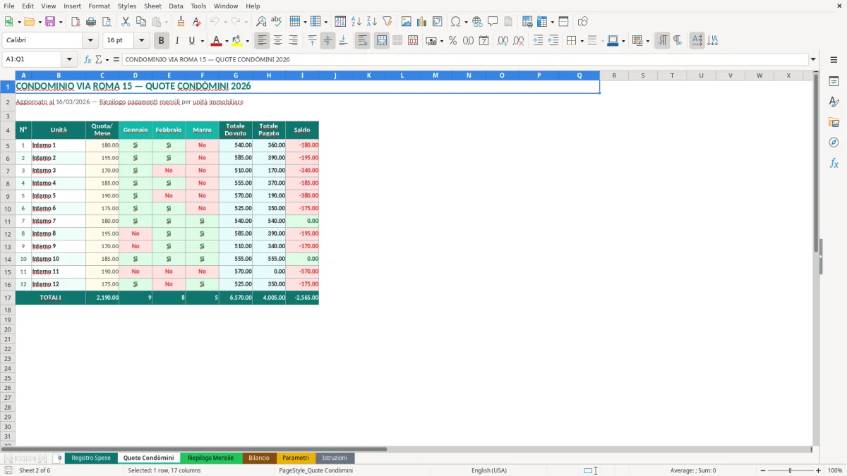 Screenshot 2: Foglio Quote Condòmini - Modello Excel registro spese condominiali excel