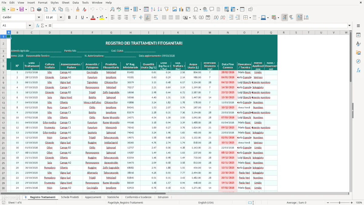 Screenshot 1: Foglio Registro Trattamenti - Modello Excel registro trattamenti fitosanitari excel