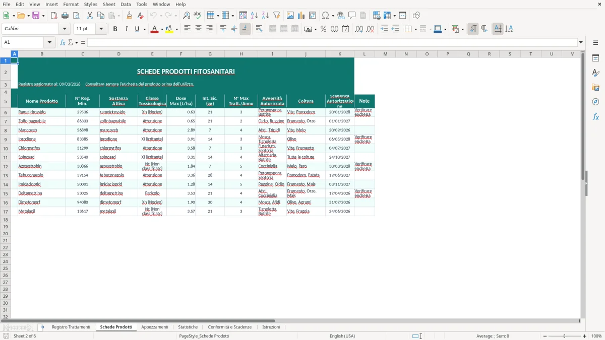 Screenshot 2: Foglio Schede Prodotti - Modello Excel registro trattamenti fitosanitari excel