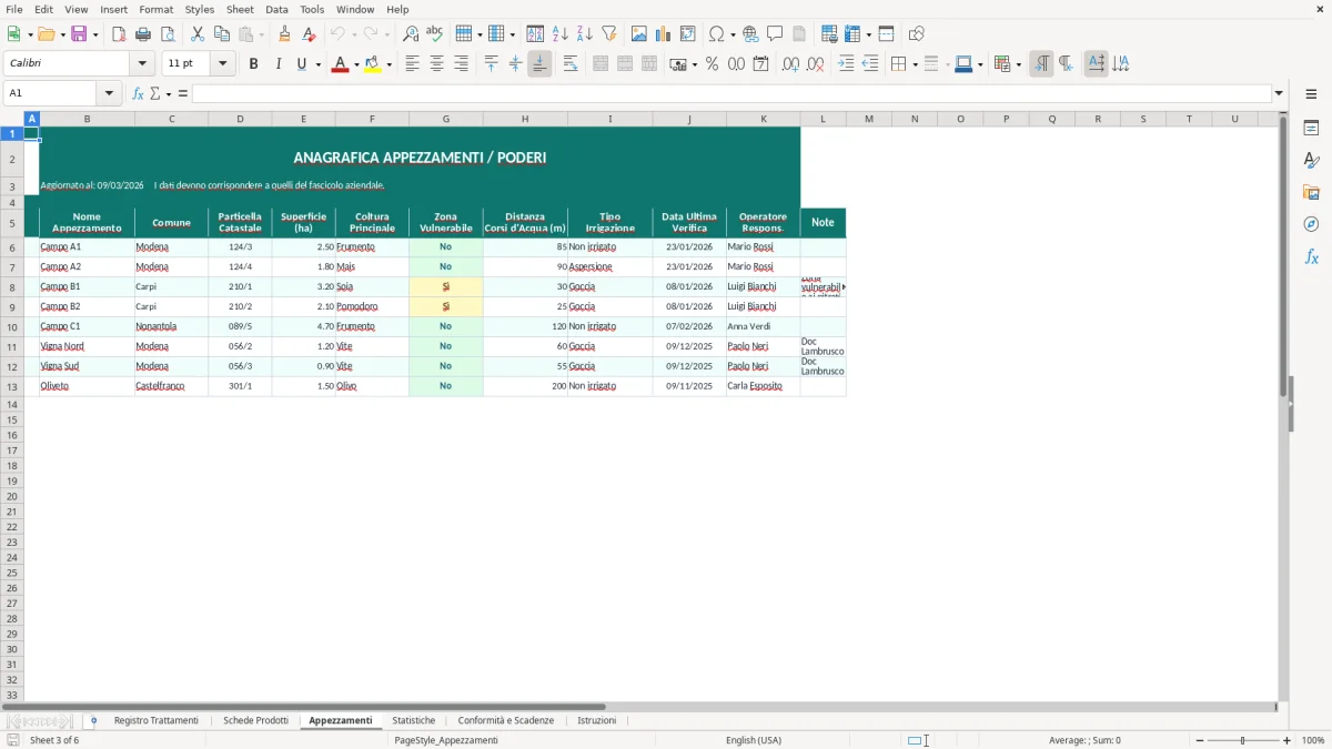 Screenshot 3: Foglio Appezzamenti - Modello Excel registro trattamenti fitosanitari excel