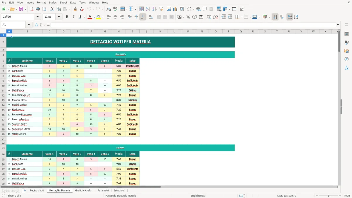 Screenshot 2: Foglio Dettaglio Materie - Modello Excel registro voti scolastici excel