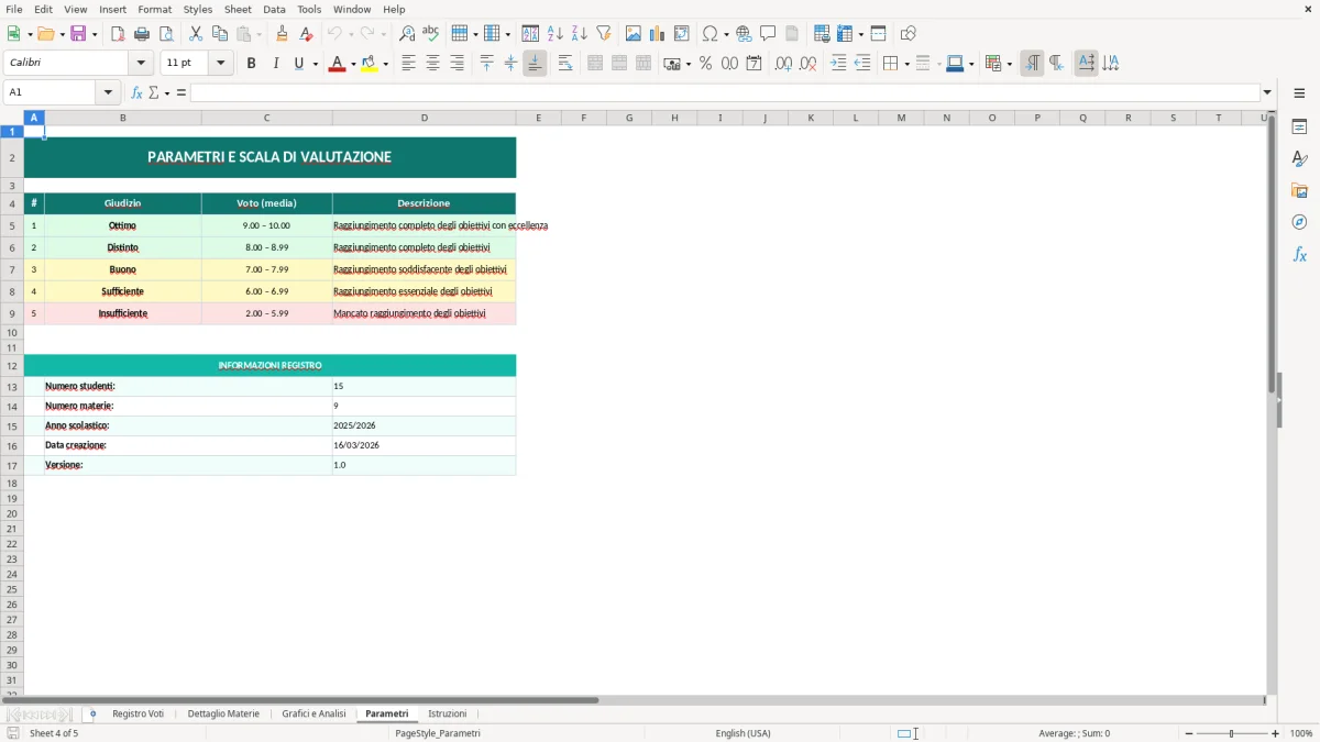 Screenshot 4: Foglio Parametri - Modello Excel registro voti scolastici excel