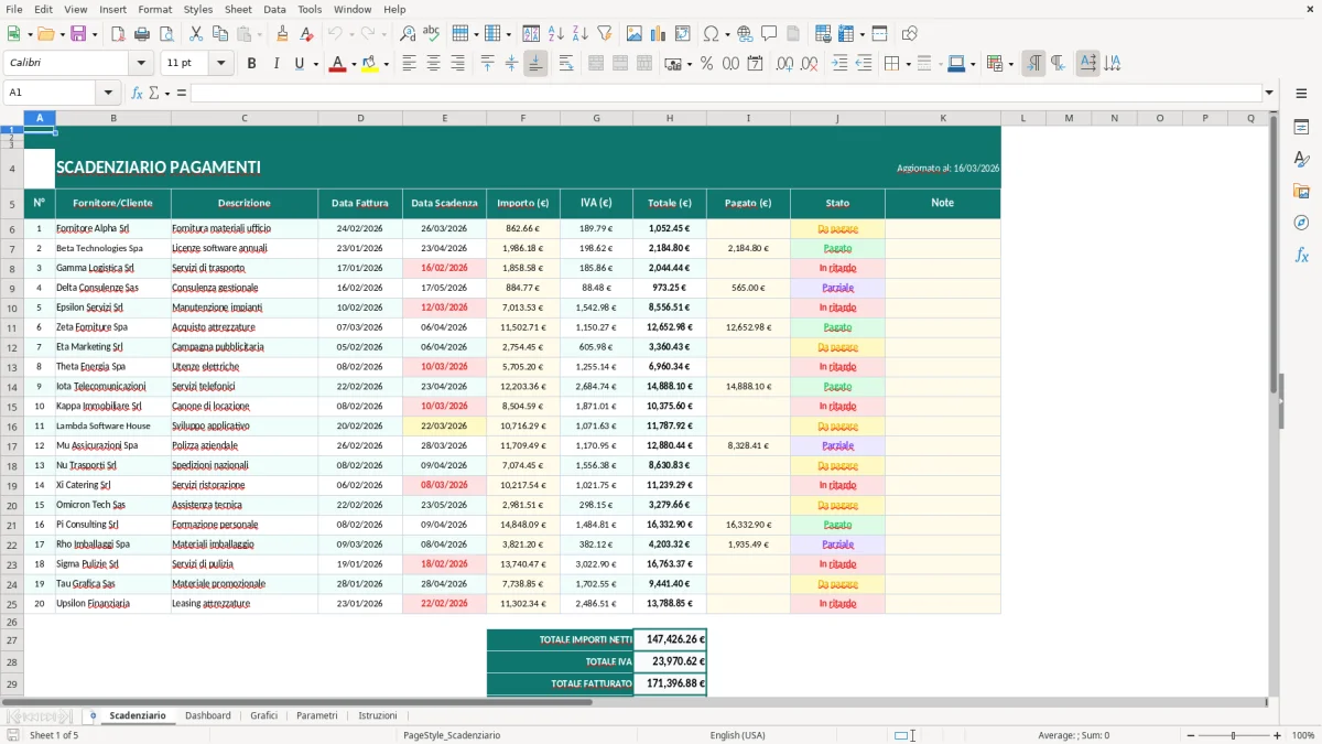 Screenshot 1: Foglio Scadenziario - Modello Excel scadenziario pagamenti excel