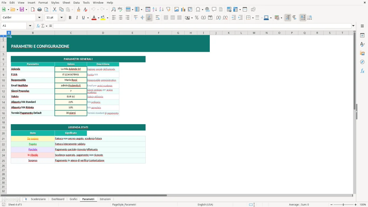 Screenshot 4: Foglio Parametri - Modello Excel scadenziario pagamenti excel