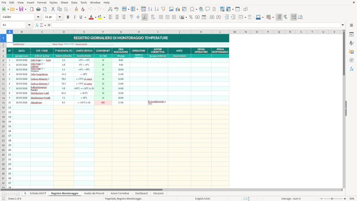 Screenshot 2: Foglio Registro Monitoraggio - Modello Excel scheda HACCP excel