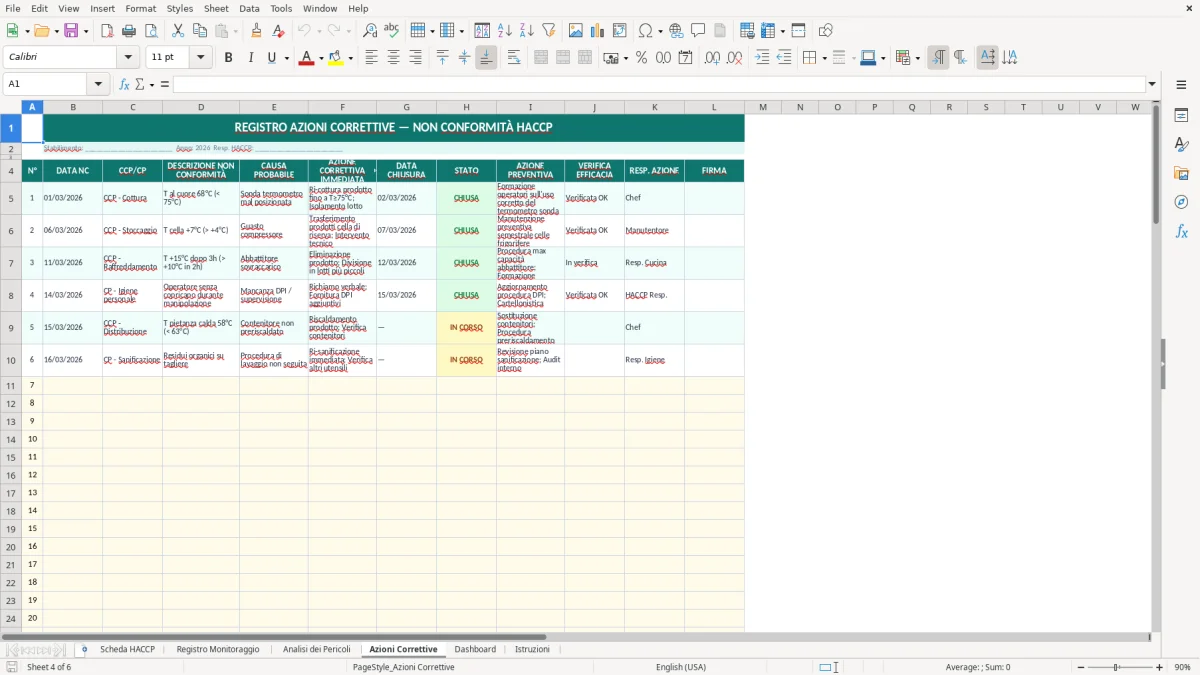 Screenshot 4: Foglio Azioni Correttive - Modello Excel scheda HACCP excel
