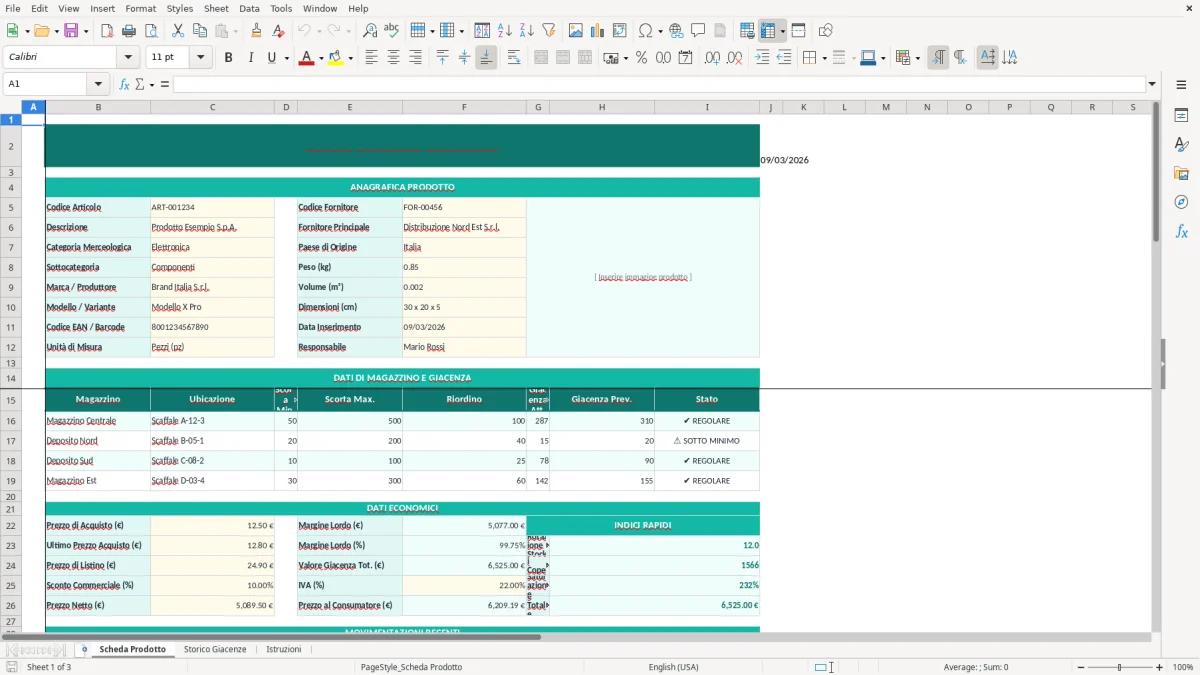 Screenshot 1: Foglio Scheda Prodotto - Modello Excel scheda prodotto magazzino excel