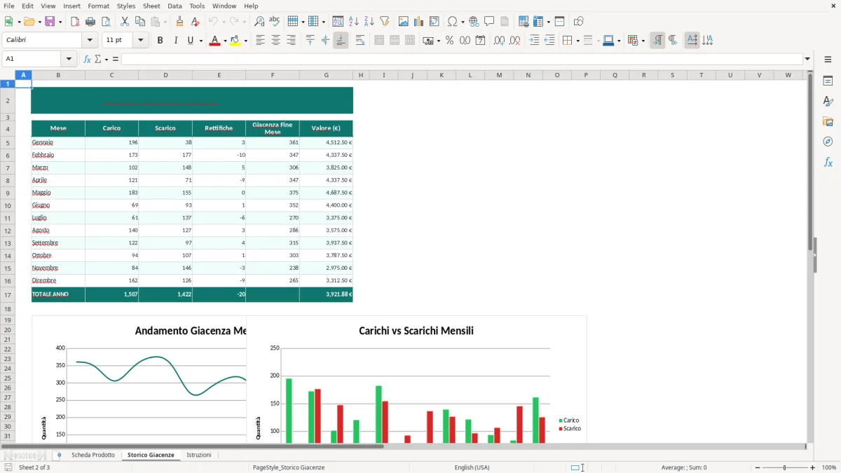 Screenshot 2: Foglio Storico Giacenze - Modello Excel scheda prodotto magazzino excel