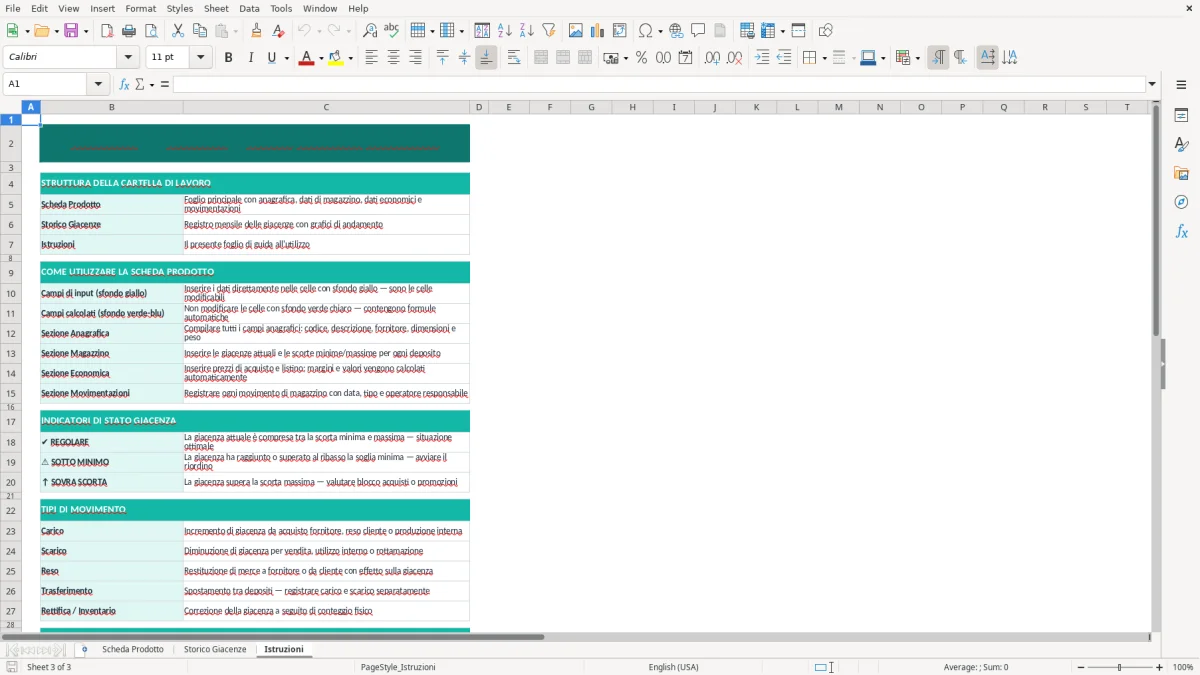 Screenshot 3: Foglio Istruzioni - Modello Excel scheda prodotto magazzino excel