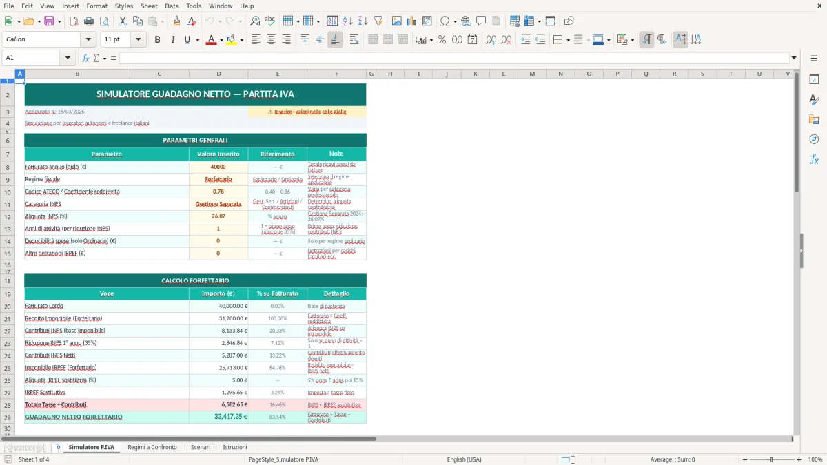 Screenshot 1: Foglio Simulatore P.IVA - Modello Excel simulazione guadagno netto partita IVA excel
