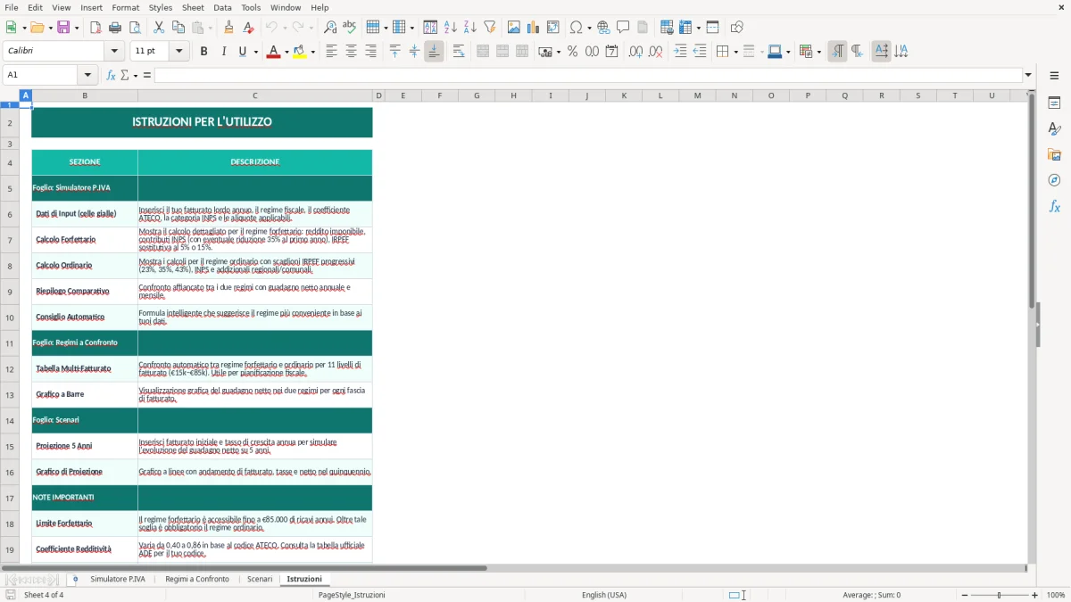 Screenshot 4: Foglio Istruzioni - Modello Excel simulazione guadagno netto partita IVA excel