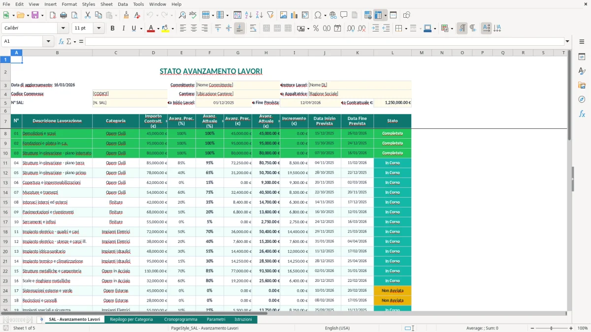 Screenshot 1: Foglio SAL - Avanzamento Lavori - Modello Excel stato avanzamento lavori SAL excel