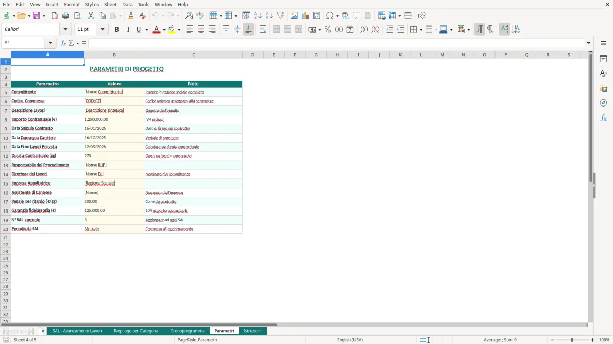 Screenshot 4: Foglio Parametri - Modello Excel stato avanzamento lavori SAL excel