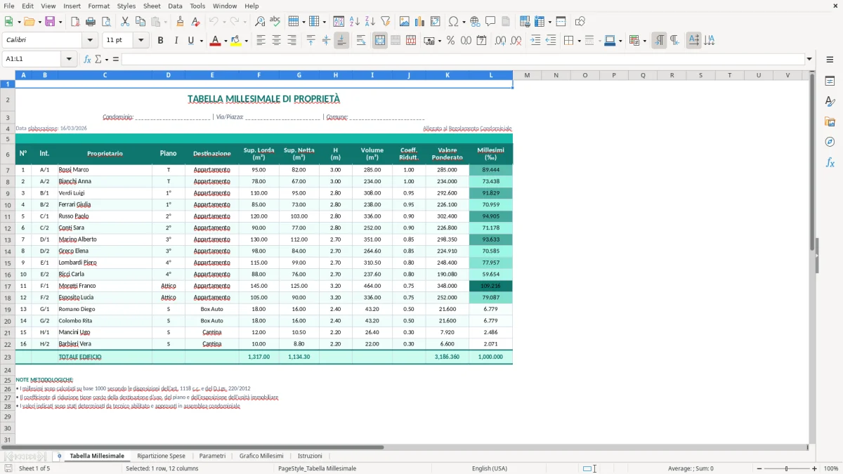 Screenshot 1: Foglio Tabella Millesimale - Modello Excel tabella millesimale excel