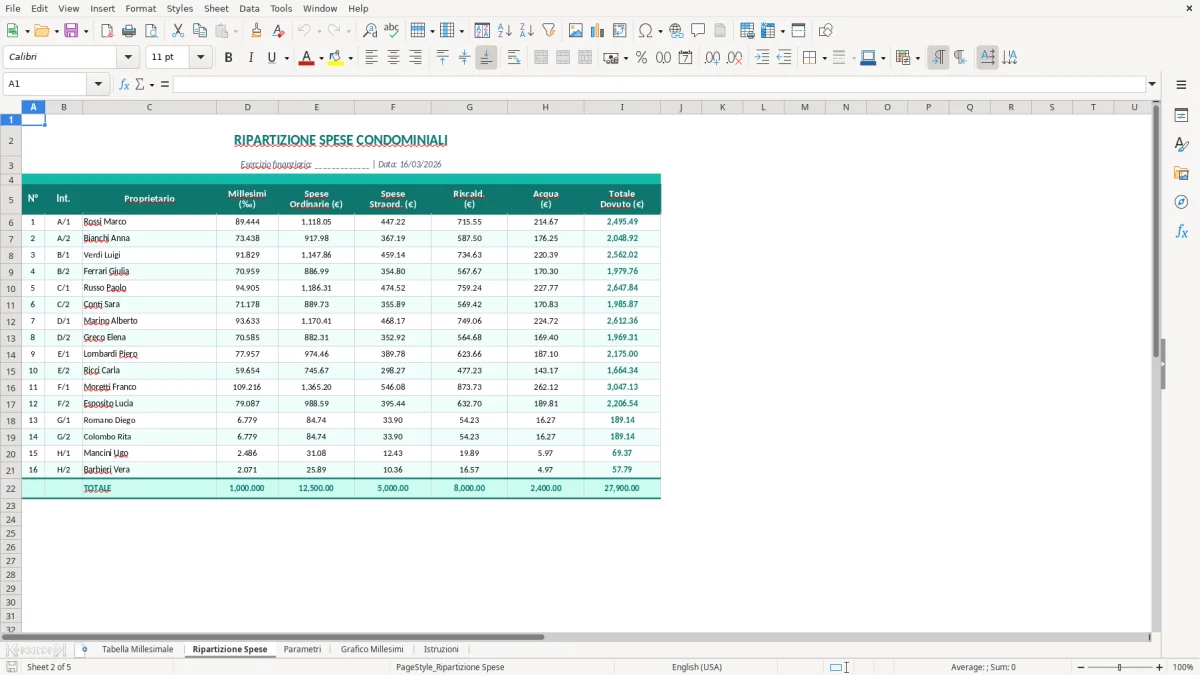 Screenshot 2: Foglio Ripartizione Spese - Modello Excel tabella millesimale excel