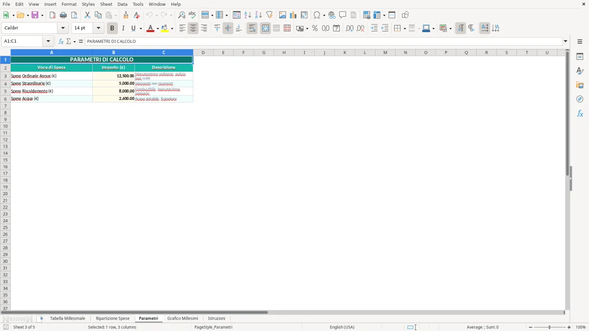 Screenshot 3: Foglio Parametri - Modello Excel tabella millesimale excel