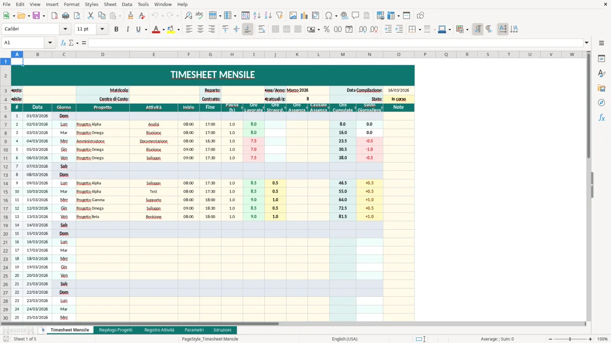 Screenshot 1: Foglio Timesheet Mensile - Modello Excel timesheet excel