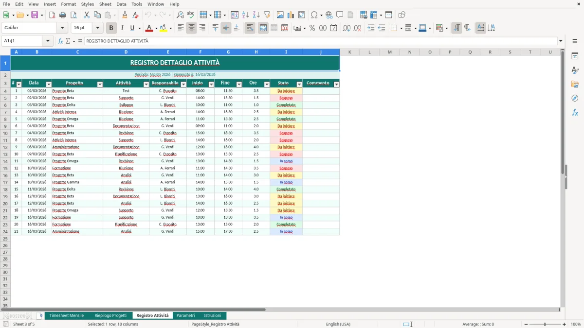 Screenshot 3: Foglio Registro Attività - Modello Excel timesheet excel