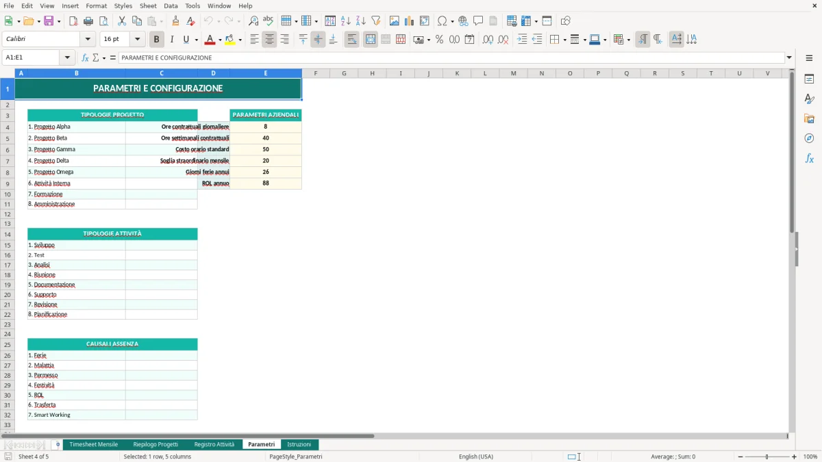 Screenshot 4: Foglio Parametri - Modello Excel timesheet excel