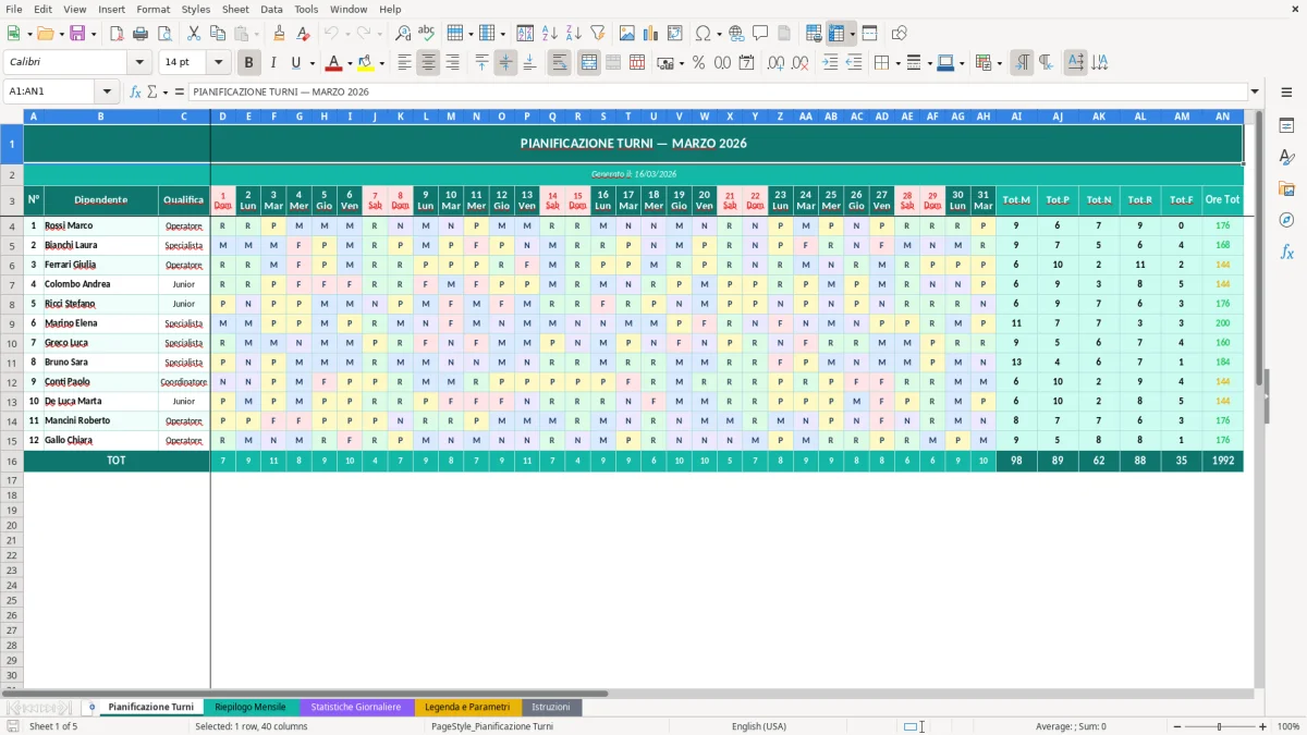 Screenshot 1: Foglio Pianificazione Turni - Modello Excel turni di lavoro excel