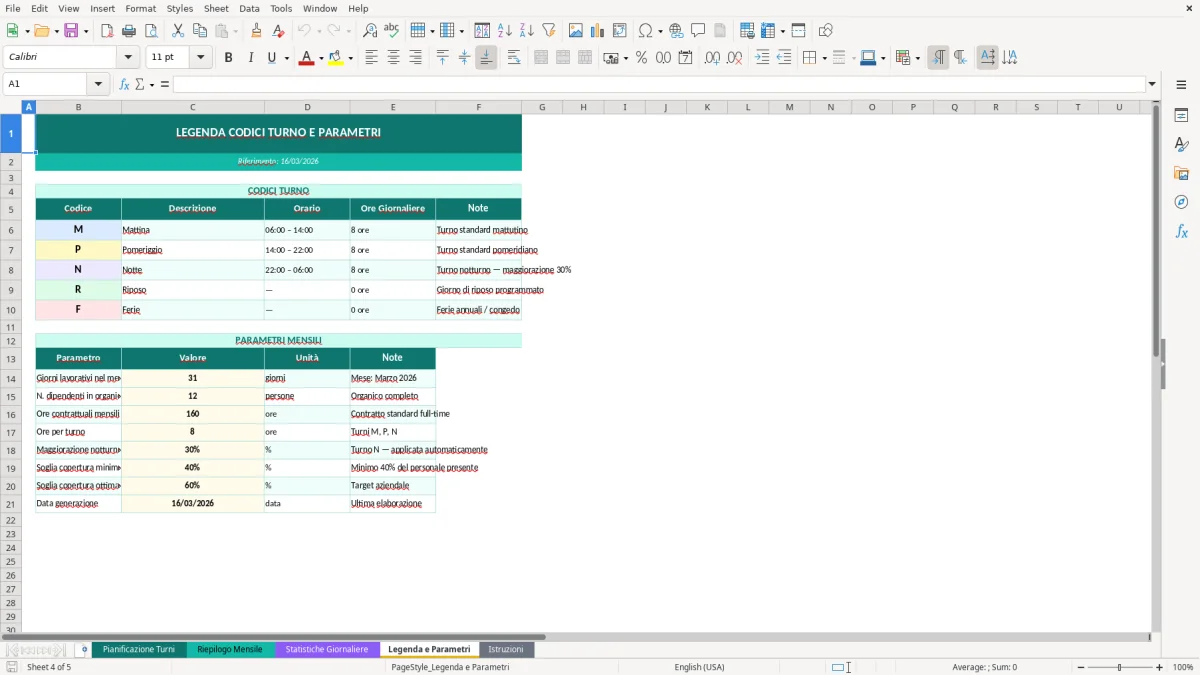 Screenshot 4: Foglio Legenda e Parametri - Modello Excel turni di lavoro excel