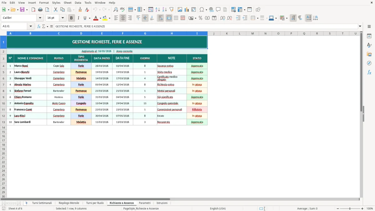Screenshot 4: Foglio Richieste e Assenze - Modello Excel turni personale ristorante excel