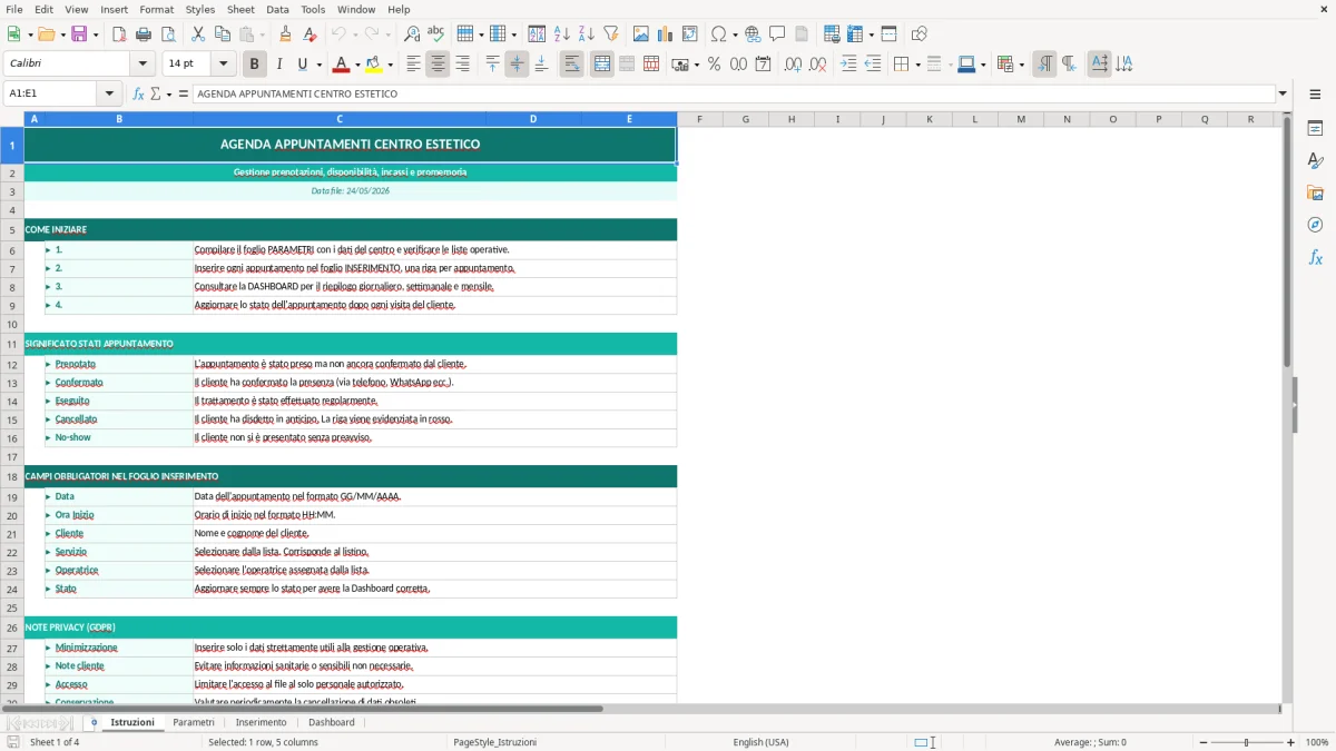 Screenshot 1: Foglio Istruzioni - Modello Excel agenda appuntamenti centro estetico excel