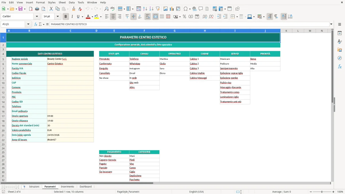 Screenshot 2: Foglio Parametri - Modello Excel agenda appuntamenti centro estetico excel