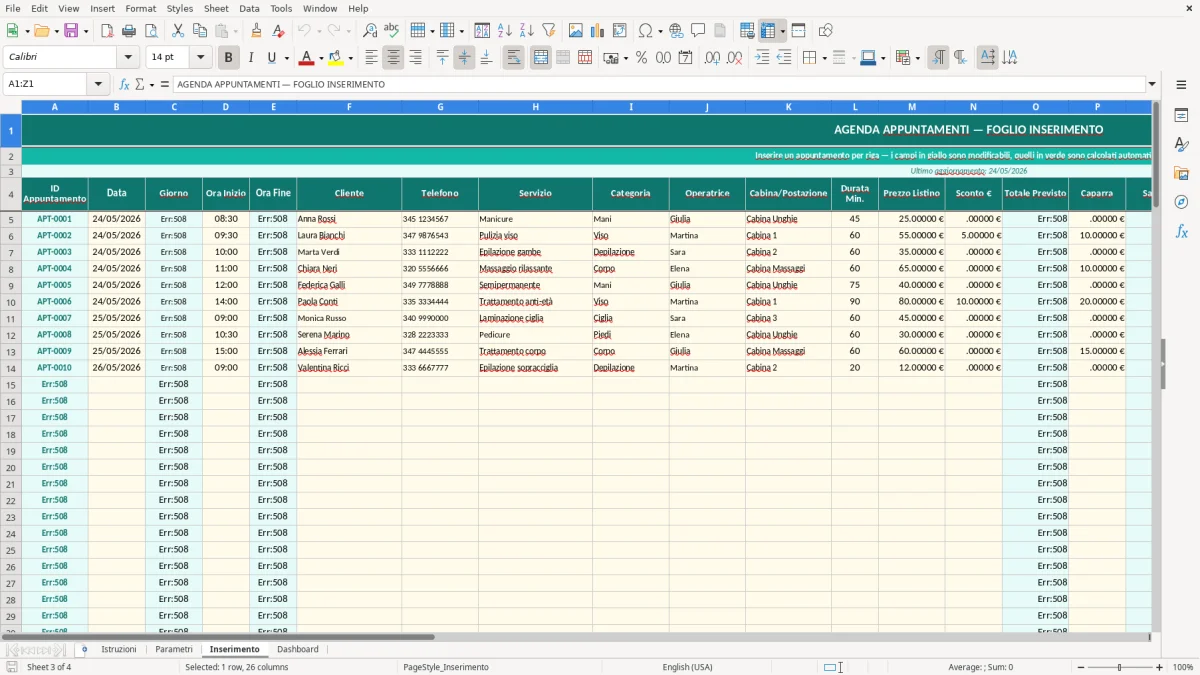Screenshot 3: Foglio Inserimento - Modello Excel agenda appuntamenti centro estetico excel