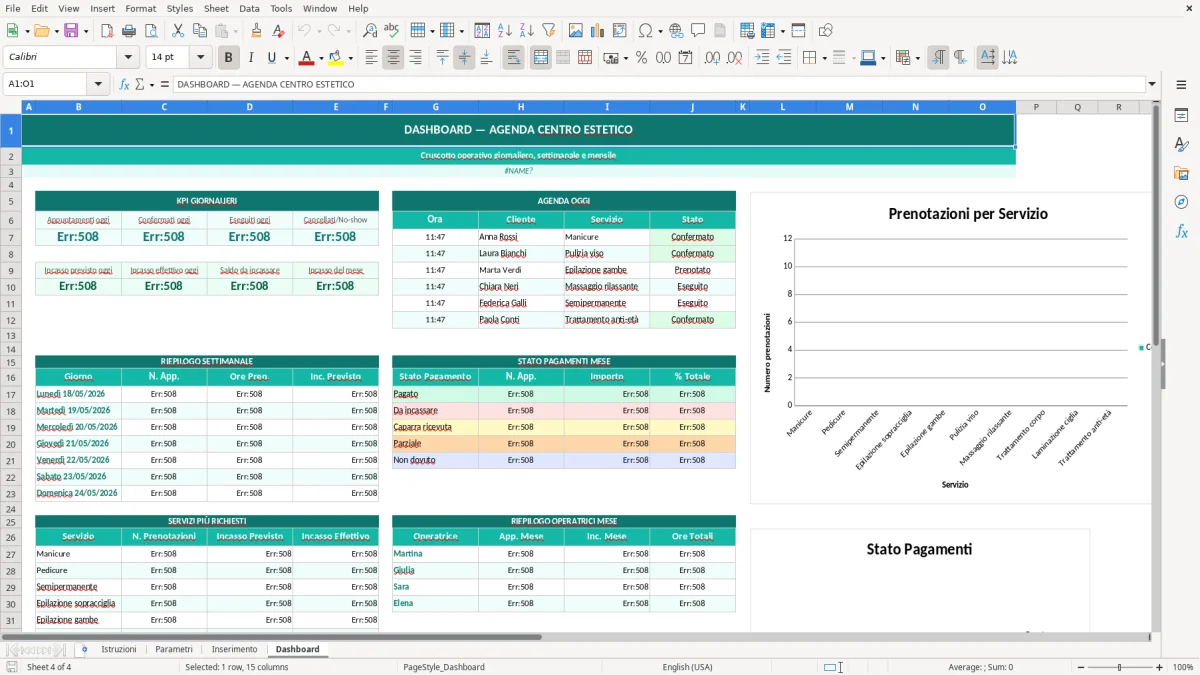 Screenshot 4: Foglio Dashboard - Modello Excel agenda appuntamenti centro estetico excel