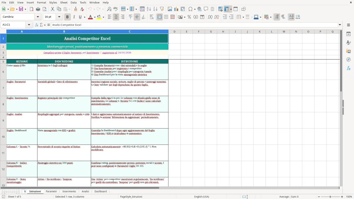 Screenshot 1: Foglio Istruzioni - Modello Excel analisi competitor excel
