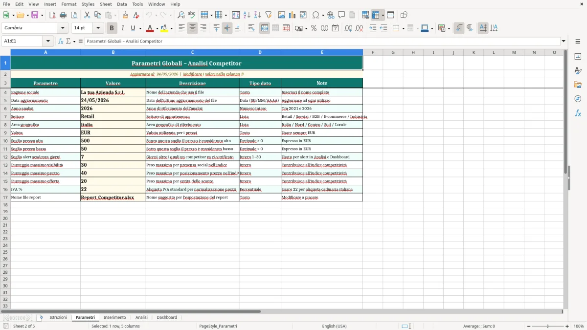 Screenshot 2: Foglio Parametri - Modello Excel analisi competitor excel