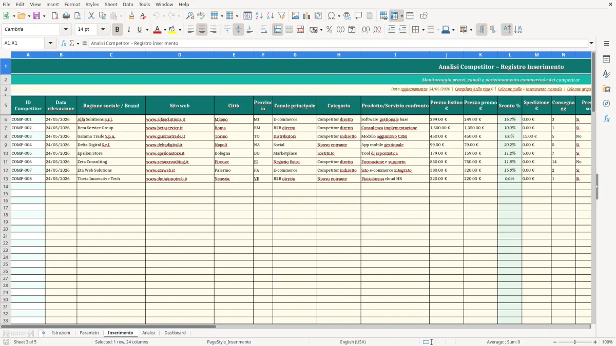 Screenshot 3: Foglio Inserimento - Modello Excel analisi competitor excel