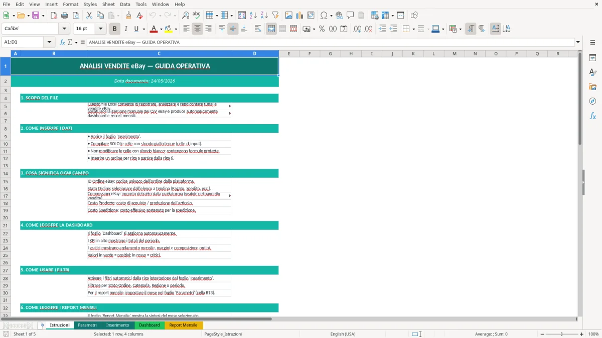 Screenshot 1: Foglio Istruzioni - Modello Excel analisi vendite ebay excel