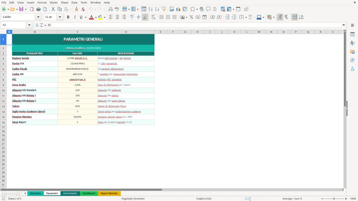 Screenshot 2: Foglio Parametri - Modello Excel analisi vendite ebay excel