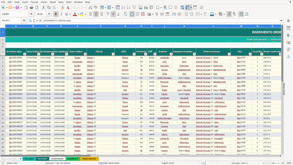Screenshot 3: Foglio Inserimento - Modello Excel analisi vendite ebay excel