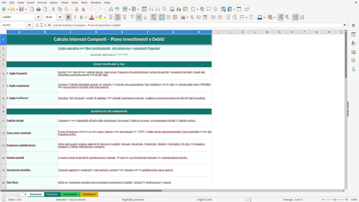 Screenshot 1: Foglio Istruzioni - Modello Excel calcolo interesse composto excel