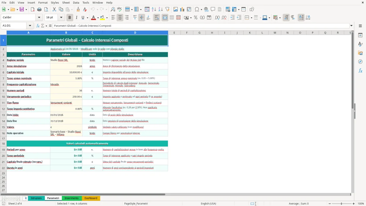 Screenshot 2: Foglio Parametri - Modello Excel calcolo interesse composto excel