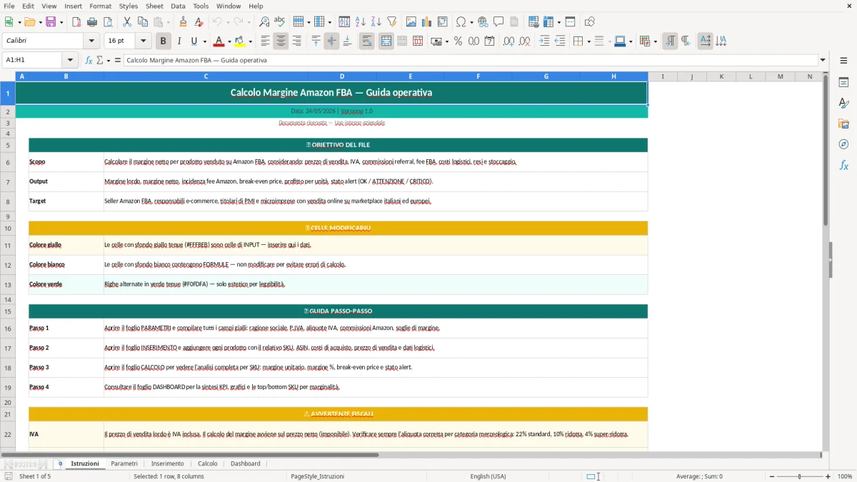 Screenshot 1: Foglio Istruzioni - Modello Excel calcolo margine amazon FBA excel