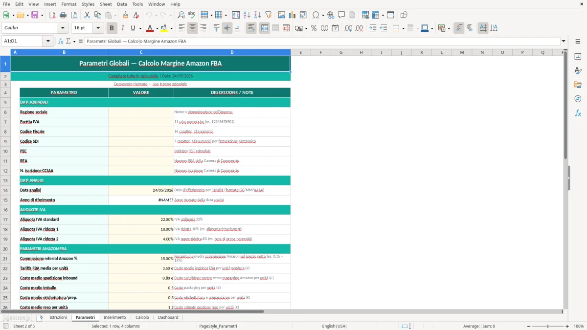 Screenshot 2: Foglio Parametri - Modello Excel calcolo margine amazon FBA excel