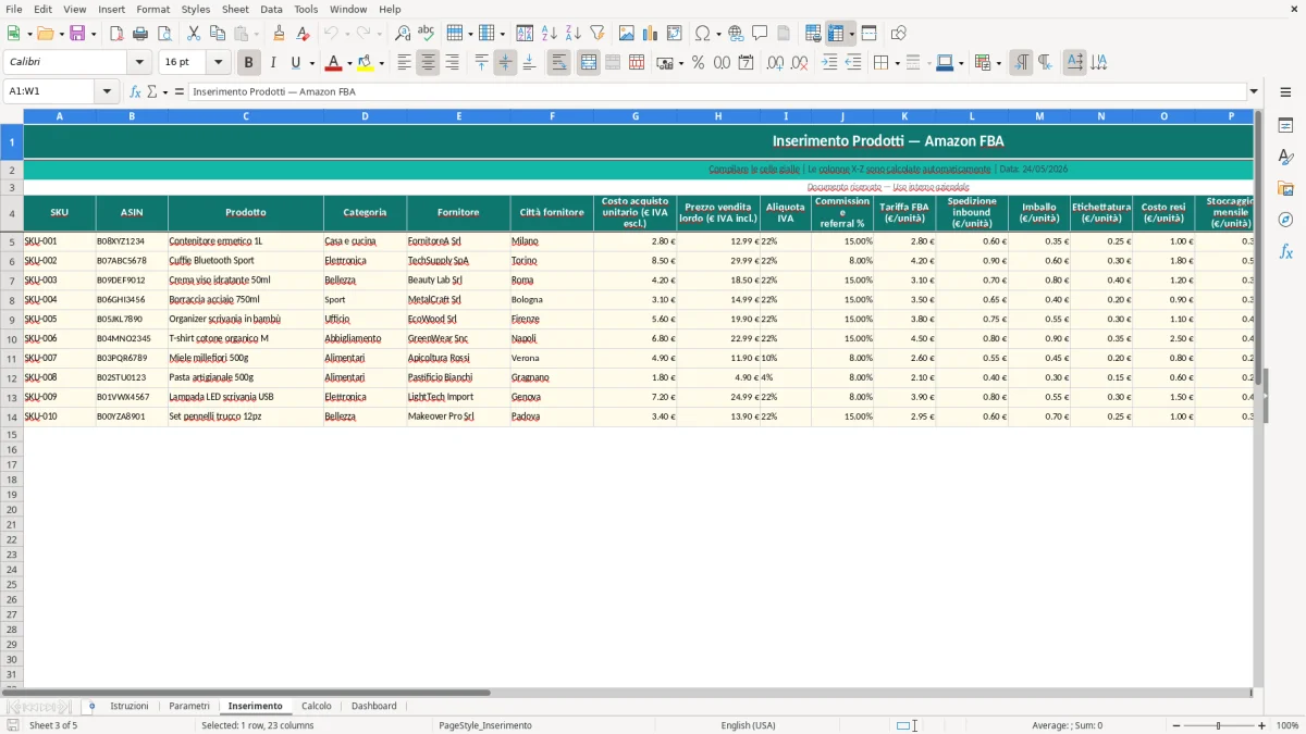 Screenshot 3: Foglio Inserimento - Modello Excel calcolo margine amazon FBA excel