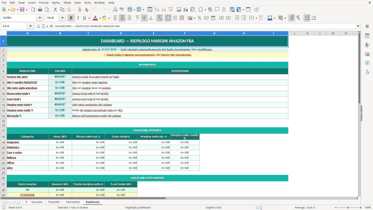 Screenshot 4: Foglio Dashboard - Modello Excel calcolo margine amazon FBA excel