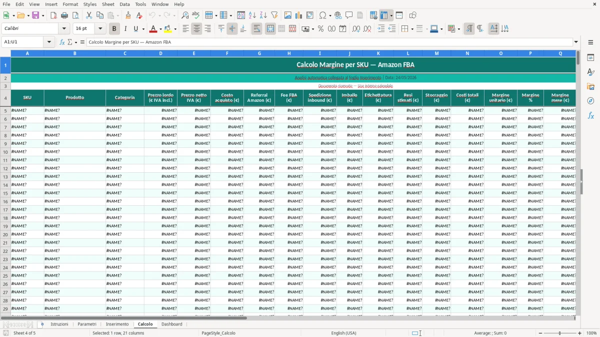 Screenshot 4: Foglio Calcolo - Modello Excel calcolo margine amazon FBA excel