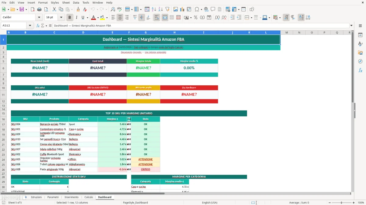 Screenshot 5: Foglio Dashboard - Modello Excel calcolo margine amazon FBA excel